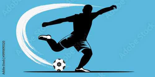 Bilde på lerret A soccer player in action kicking a ball with motion lines on a blue background