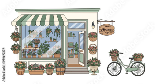 Charming flower shop with a vintage bicycle outside.
