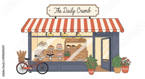 Charming bakery shop storefront with a bicycle and baked goods.