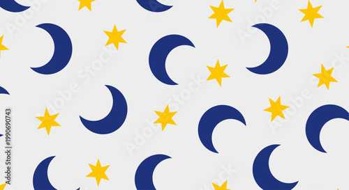 A simple repeating pattern of blue crescent moons and yellow stars on a light gray background