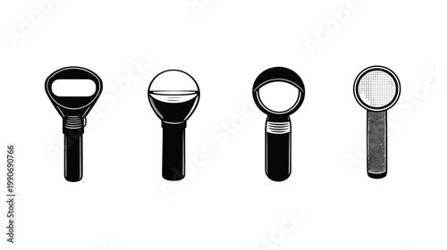 Four black and white illustrations of tools with rounded heads and textured handles