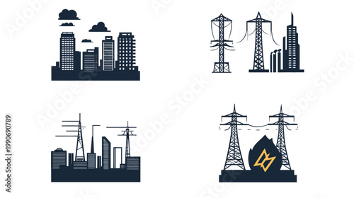 Silhouetted illustrations of cityscapes with transmission towers and energy-related themes