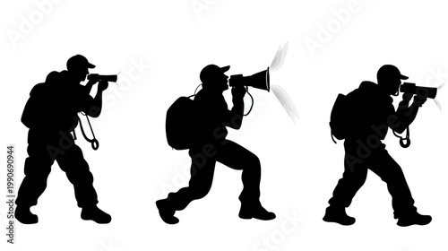 Three silhouetted figures with photographic equipment and a megaphone against a white background
