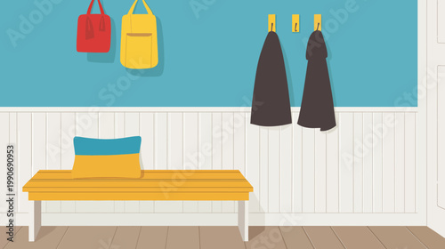 Interior illustration of a foyer with bench, coats, and bags. White wall paneling, blue and yellow accents