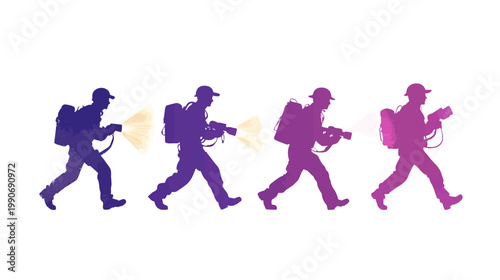 Silhouettes of people with sprayers in gradient colors on a white background