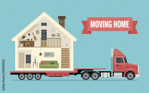 A large red truck transports a cross section of a house for a moving home service