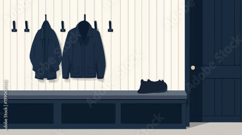 Interior illustration of a hallway with hanging jackets, a bench, a pair of shoes, and a door