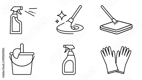 Essential Cleaning Elements: An organized display of cleaning supplies that includes spray bottles, mops, bucket, gloves to create a clean and refreshing home.