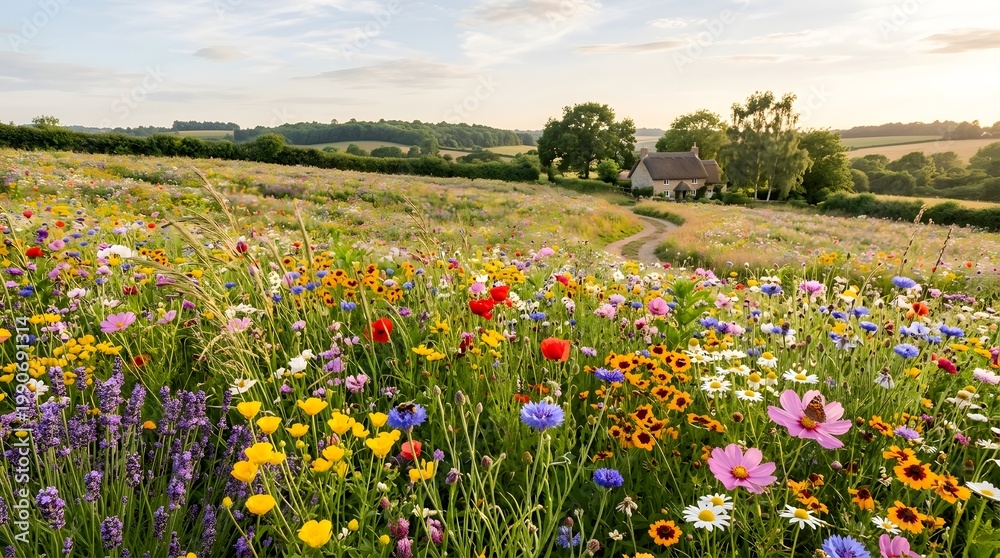 Obraz premium Vibrant flowers scattered across a lush green field with trees and a house in the background under a cloudy sky on a sunny day.