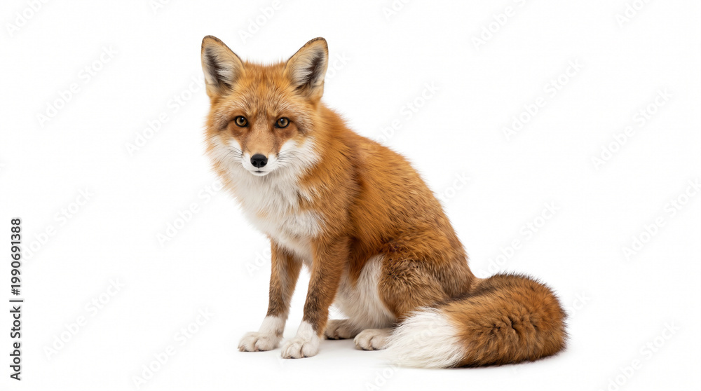 Obraz premium Sitting red fox with bushy tail on white background