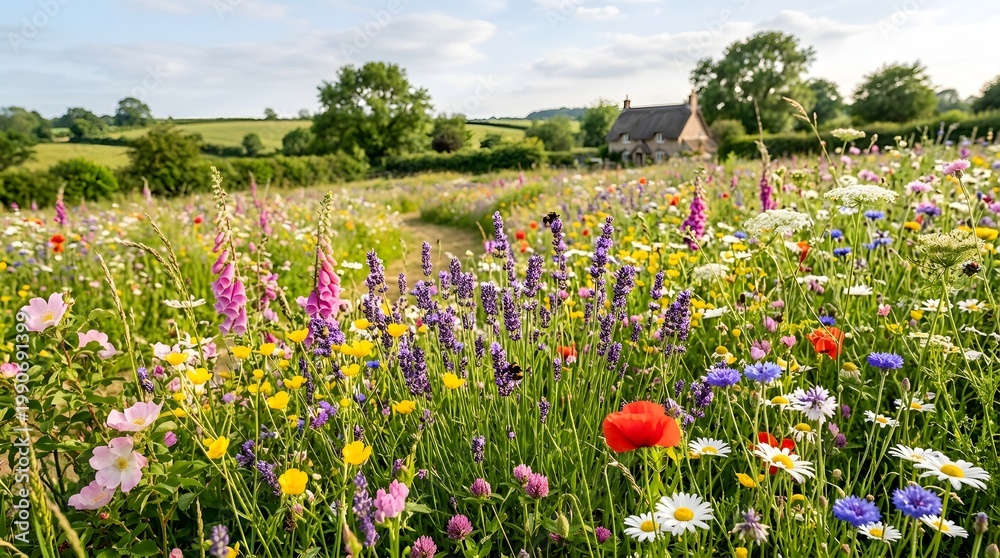 Obraz premium A vibrant field of wildflowers blooms in a lush green landscape with a house and trees in the background under a cloudy sky