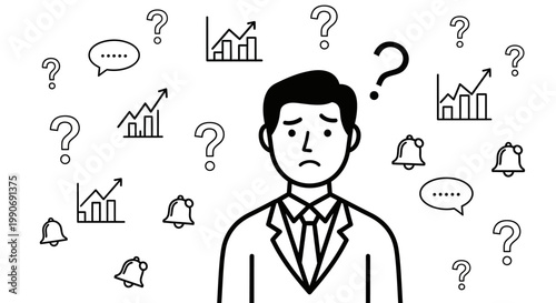 Stressed Man Surrounded by Question Marks and Business Icons on an Isolated White Background