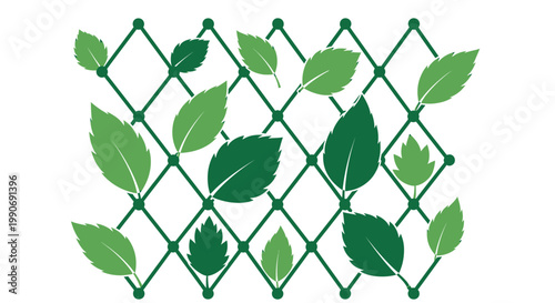 Green leaves adorn a diamond-patterned trellis against a white background