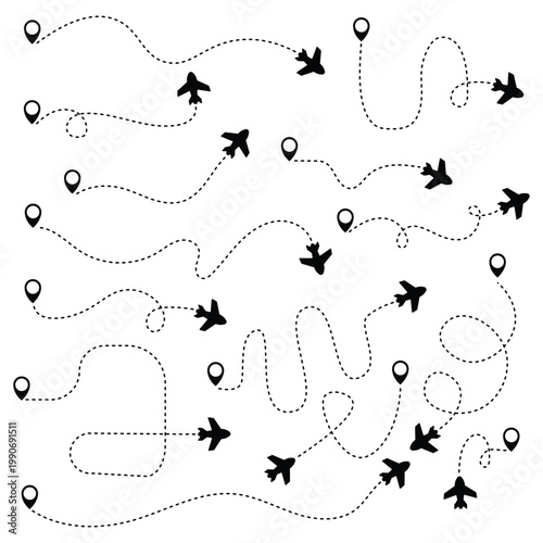 Airplane line path icon of air plane flight route dash line trace with start point. Simple airplane travel line path with map pins. Airplane dashed route path.