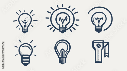 Several drawn lightbulb icons and a flashlight icon in dark blue with various designs on a beige background
