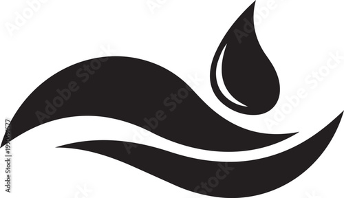 Black and white water drop and wave icon simple graphic symbol for nature liquid or weather concepts isolated on white background