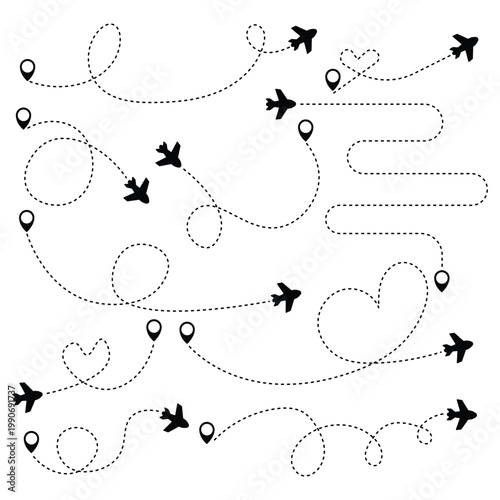 Airplane line path icon of air plane flight route dash line trace with start point. Simple airplane travel line path with map pins. Airplane dashed route path.