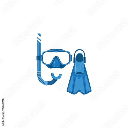 Scuba diver's snorkeling gear includes mask, snorkel, and flippers on a white background.