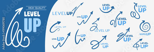 A vibrant vector collection featuring repeated level up messages arranged in a dynamic, creative composition with modern typography and bold styling art