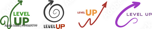 Vector symbol featuring “level up” with a creative upward arrow expressing progress, ambition, and motivation draw