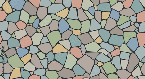 Repeating pattern of irregular, colorful stones with dark grout