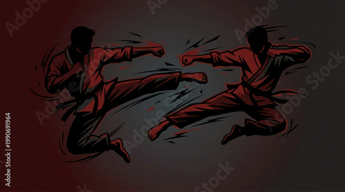Martial arts fighters in action silhouette