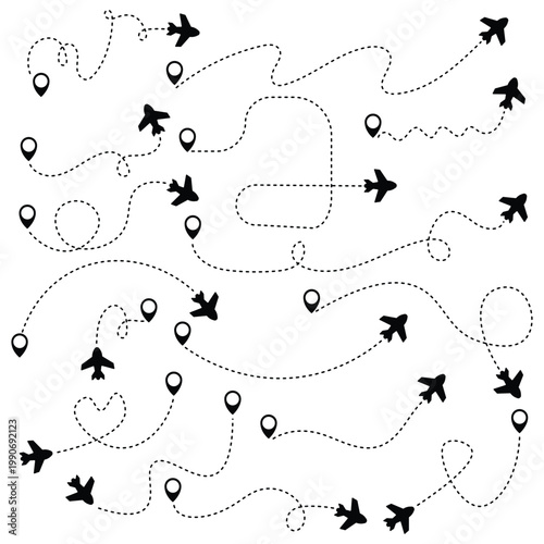 Airplane line path icon of air plane flight route dash line trace with start point. Simple airplane travel line path with map pins. Airplane dashed route path.