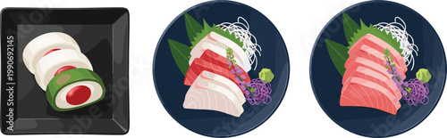 Japanese Sashimi and Fish Roll Illustration Set with Fresh Seafood Slices and Plated Presentation for Asian Cuisine Menu Design and Restaurant Food Graphics