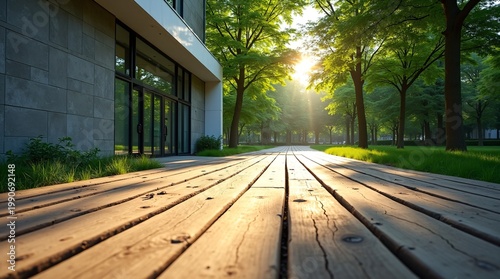 Sunlit modern concrete building beside lush green tree-lined wooden walkway