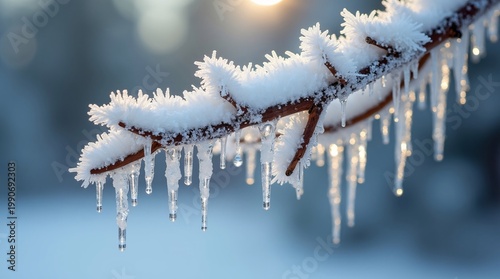 Close-up of frost-covered tree branch with glistening icicles in soft winter sunlight