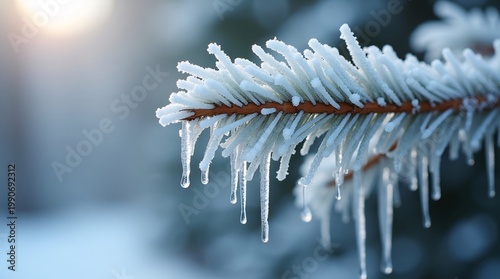 Close-up of frosted pine branch with icicles, soft sunlight backdrop