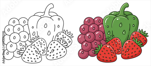 Fruit collection with strawberries grapes and pepper cartoon food illustration for kids vector design