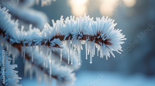 Close-up of frost-covered pine branch with glistening delicate icicles