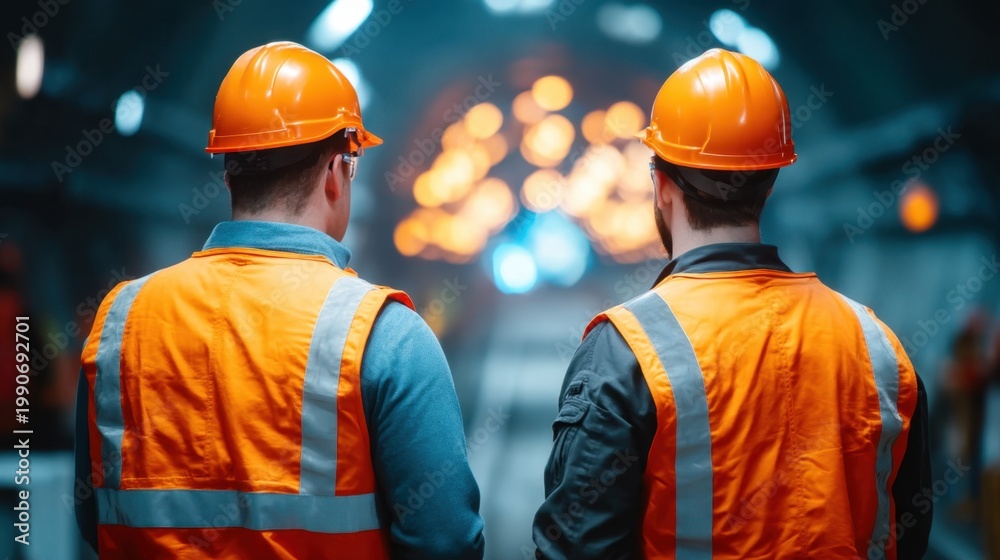 Fototapeta premium Two Construction Workers in Orange Safety Gear Overseeing Worksite in Industrial Environment with Blurred Background Lights
