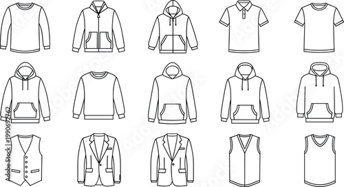 Comprehensive collection of minimalist black and white line art vector icons featuring diverse clothing apparel hoodies tshirts blazers and vests.