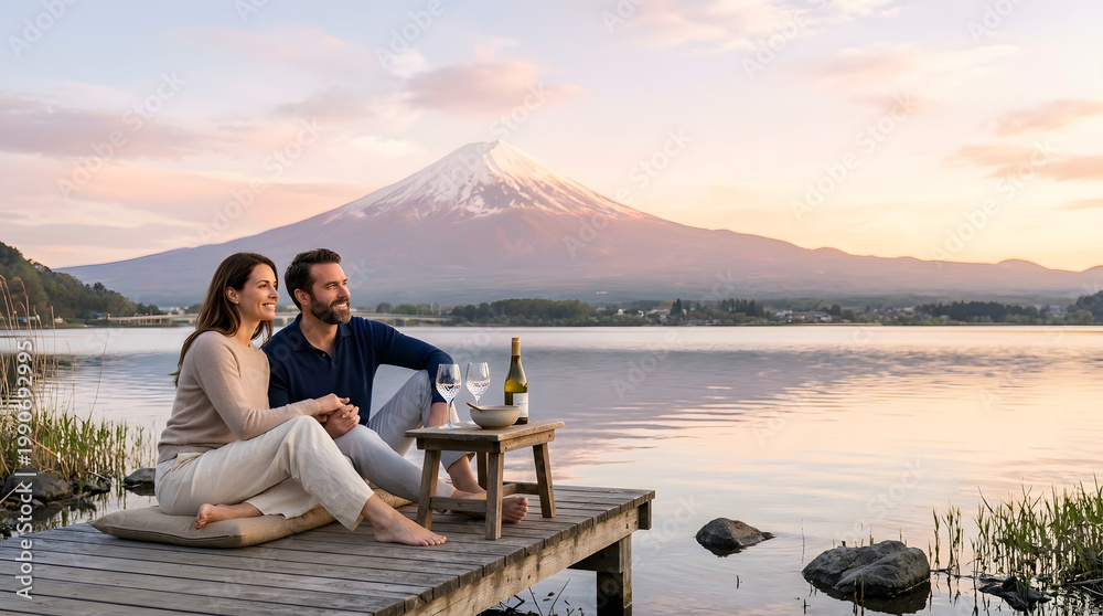 Fototapeta premium Couple enjoys picnic with wine overlooking Mount Fuji at sunset
