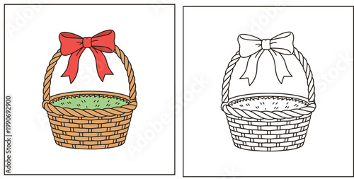 Cute Cartoon Woven Picnic Basket with Red Bow and Green Grass Liner - Empty Easter Spring Hamper