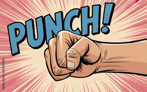 A powerful comic style clenched fist punches forward with the bold word PUNCH and radial lines
