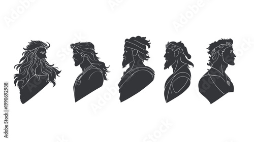 Silhouettes of five male figures, in profile, with varying hairstyles and facial hair