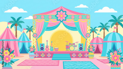 Vibrant music festival stage with tents and tropical landscape