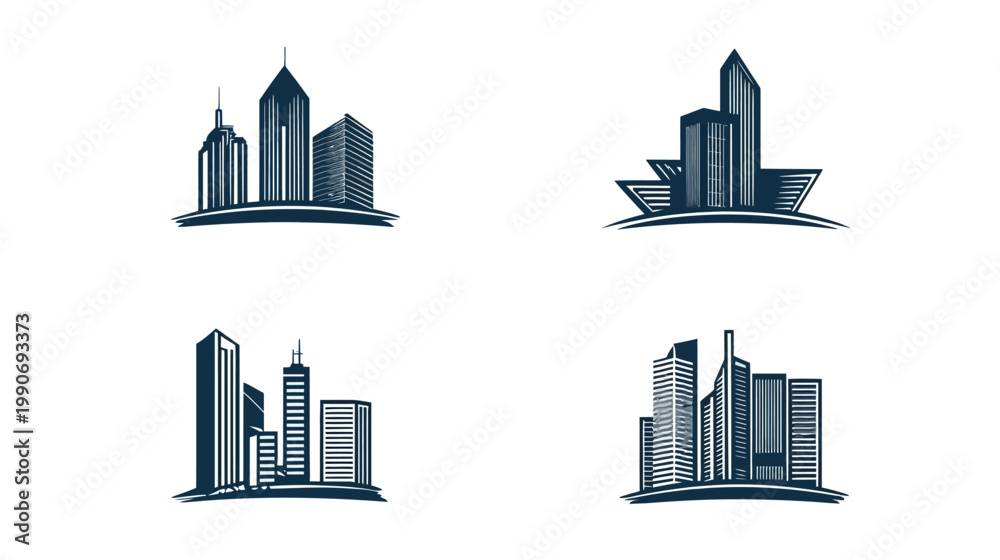 Fototapeta premium Four architectural illustrations depicting stylized city skylines and tall buildings on a white background