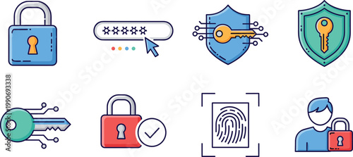 Cyber security flat icon set with password lock fingerprint shield key and user protection symbols
