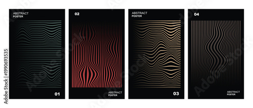 Set of abstract posters with wavy lines patterns in orange yellow grey blue colors on black background minimalist graphic design vector.