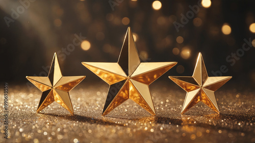 Three gold star awards on glitter background