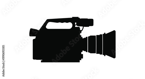 A black silhouette of a professional video camera on a white background silhouette