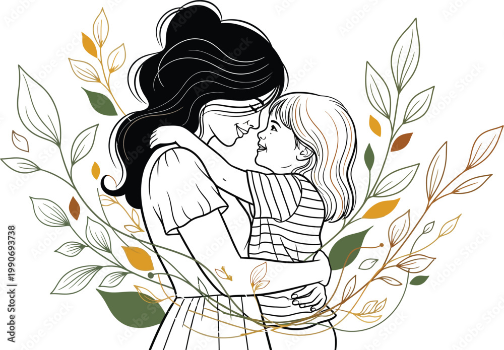 Fototapeta premium Mother, child, illustration, line art, floral, vector