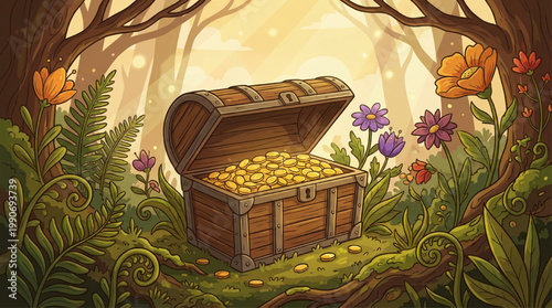 Open wooden treasure chest filled with gold coins in a magical forest