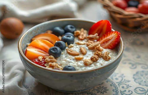 Delicious oatmeal with fresh fruits and nuts.