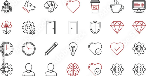 Lifestyle and objects line icon set with robot dog heart coffee gear clock and everyday symbols