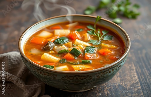 A steaming bowl of vegetable soup.